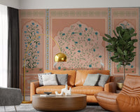 Mughal garden panels wall mural with three arched bays of teal floral vines on peach., GD10171