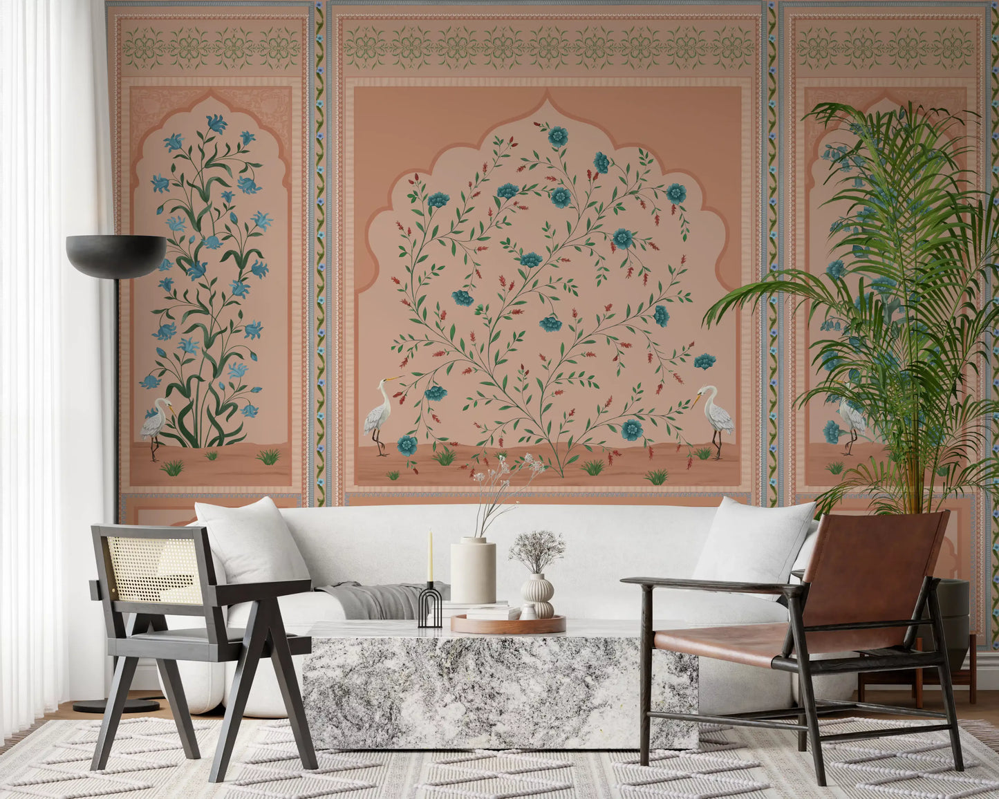 Symmetric three panel wall mural with climbing vines and small teal flowers., GD10171