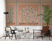 Symmetric three panel wall mural with climbing vines and small teal flowers., GD10171