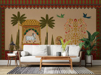 White sacred cow inside a carved golden pavilion wall mural with green drapes., GD10172