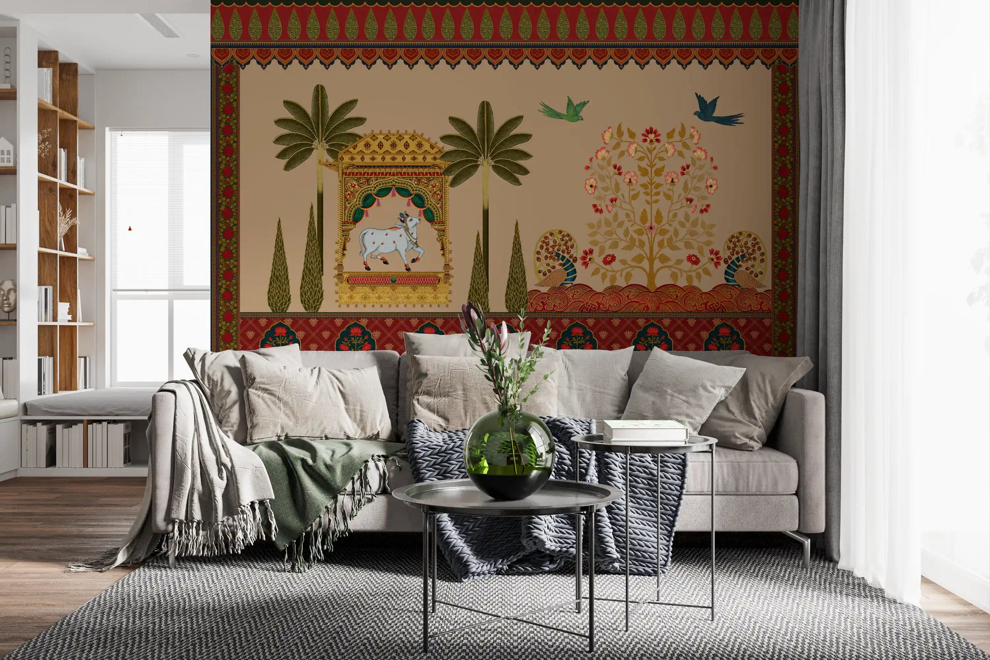 Layered red and gold floral borders along a traditional Pichwai wall mural., GD10172