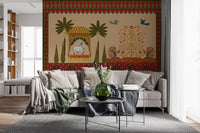 Layered red and gold floral borders along a traditional Pichwai wall mural., GD10172