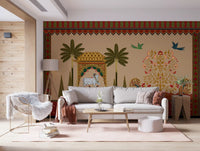 Flowering golden tree wall mural with two birds and paired peacocks on a beige background., GD10172