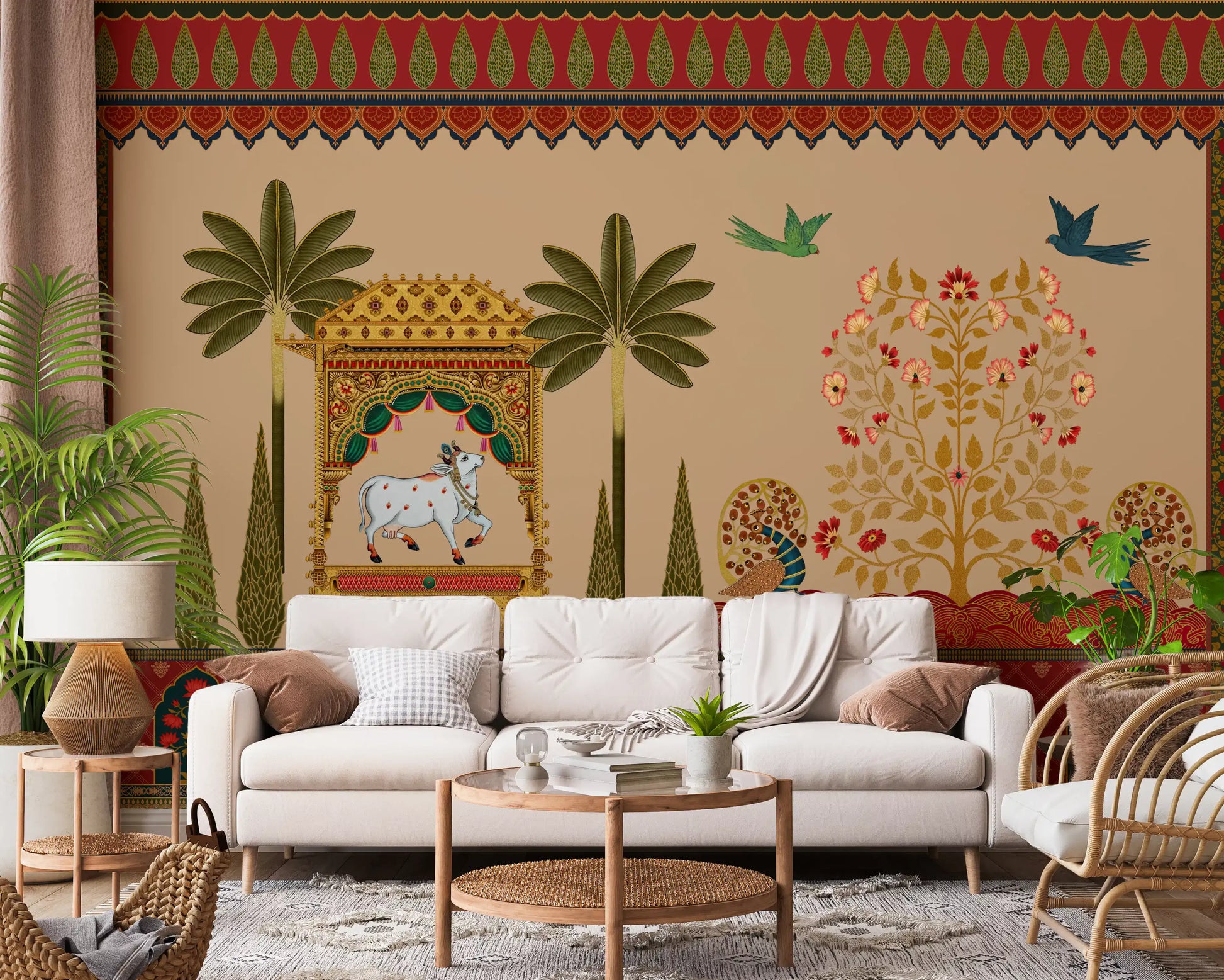 Tall palm trees and slim cypress trees framing a sacred cow mural for living room., GD10172