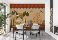 Detailed heritage-style mural with gold tree, peacocks and red borders., GD10172