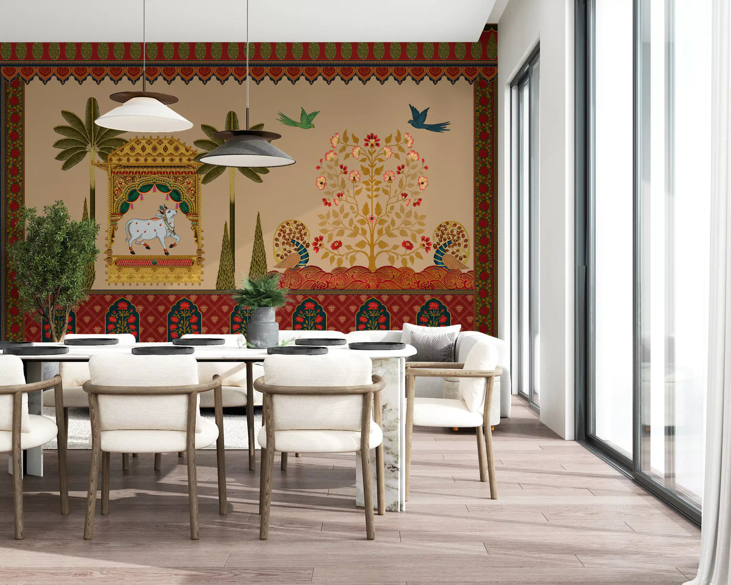 Pichwai-style wall mural styled on a dining room feature backdrop., GD10172
