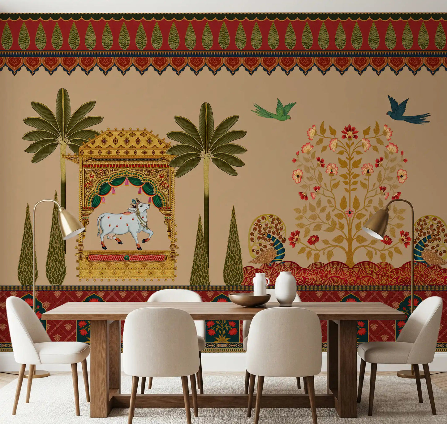 Pichwai-style wall mural with a white sacred cow in a golden pavilion for dining room., GD10172