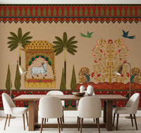 Pichwai-style wall mural with a white sacred cow in a golden pavilion for dining room., GD10172