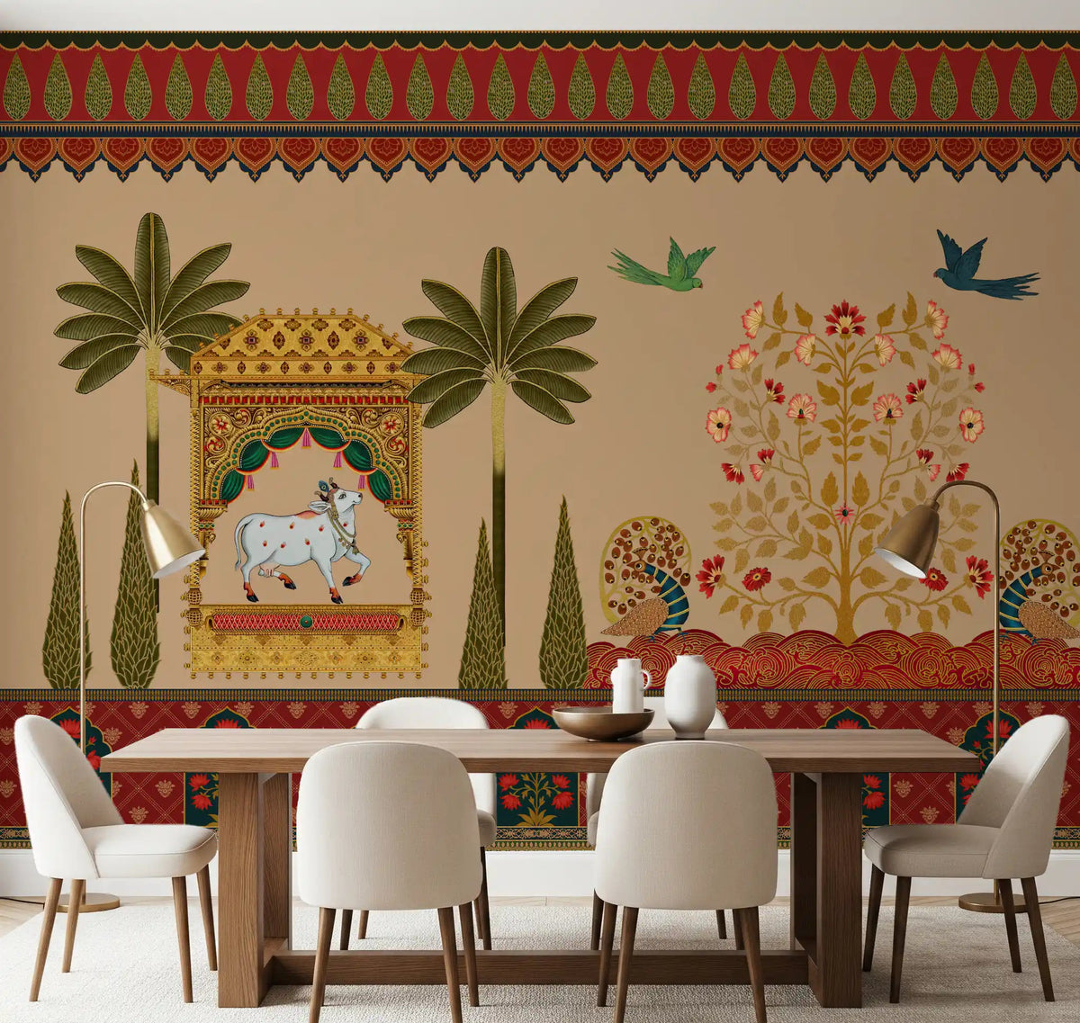 Pichwai-style wall mural with a white sacred cow in a golden pavilion for dining room., GD10172