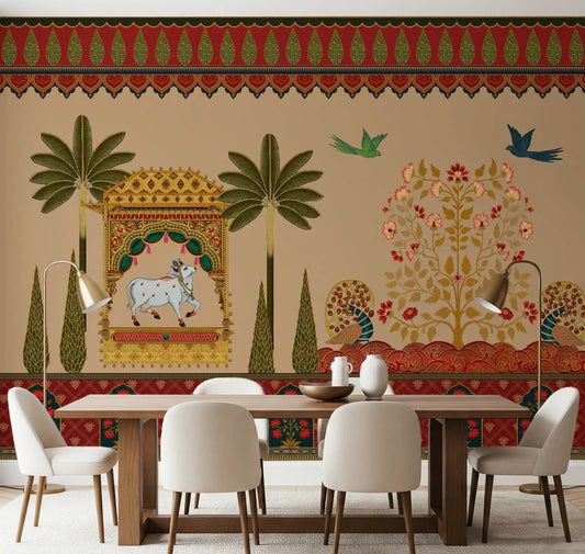 Pichwai-style wall mural with a white sacred cow in a golden pavilion for dining room.