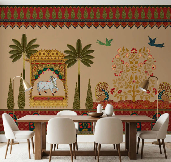 Pichwai-style wall mural with a white sacred cow in a golden pavilion for dining room., GD10172