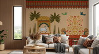 Sacred cow and golden tree mural covering a living room wall., GD10172