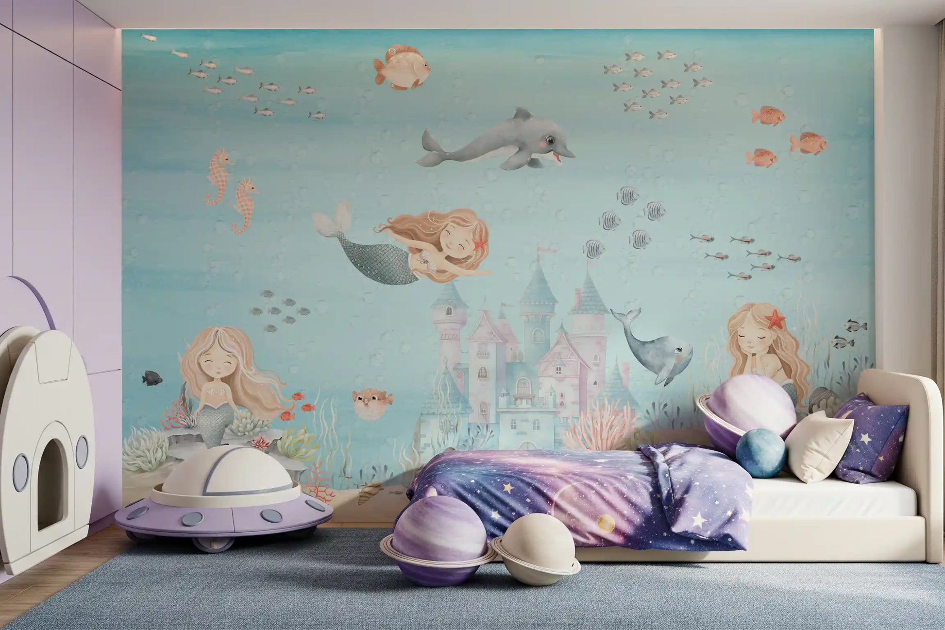 Long-haired mermaid resting on a coral rock beside seashells and starfish wall mural., GD10173