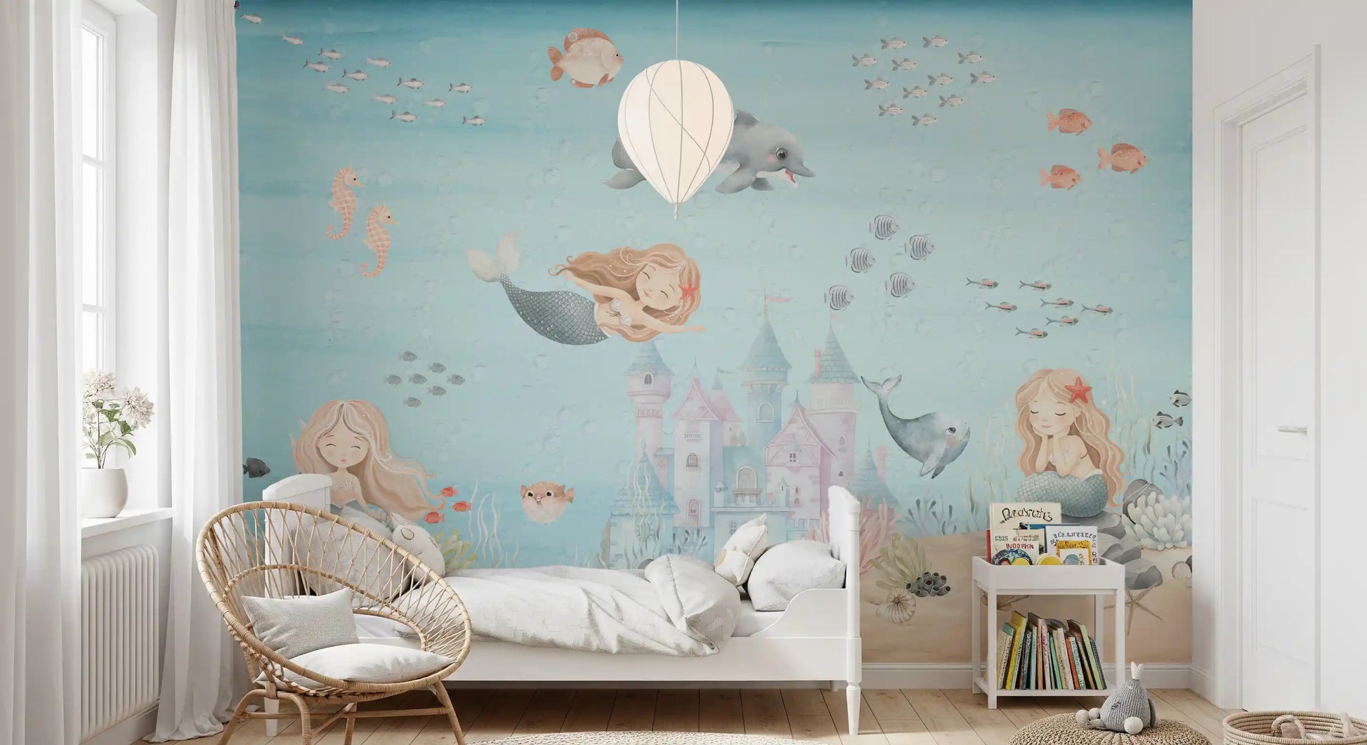 Dreamy underwater mural in mint, peach, blush pink and powder blue tones., GD10173