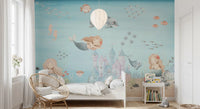 Dreamy underwater mural in mint, peach, blush pink and powder blue tones., GD10173