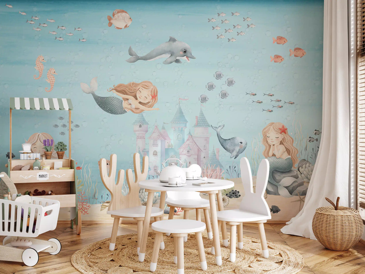 Pastel pink and blue fairytale castle on a sandy seabed wall mural., GD10173