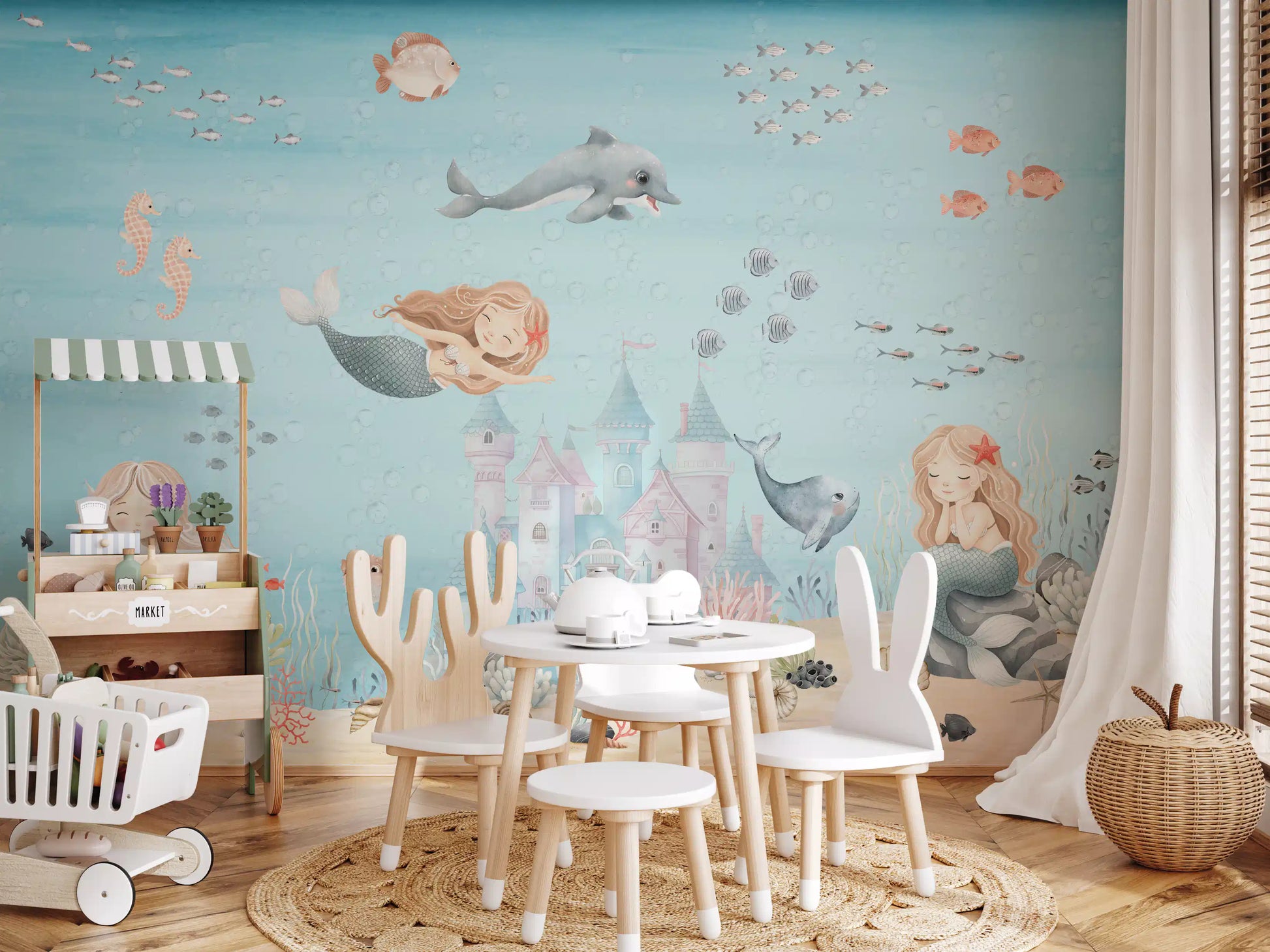 Pastel pink and blue fairytale castle on a sandy seabed wall mural., GD10173