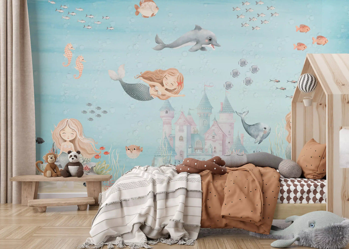 Schools of small fish and rising bubbles in a pale aqua mermaid mural., GD10173