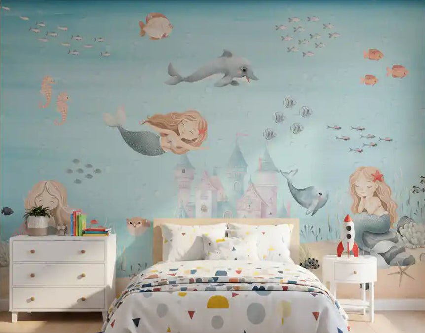 Watercolour mermaid mural used on a calm child's bedroom wall., GD10173