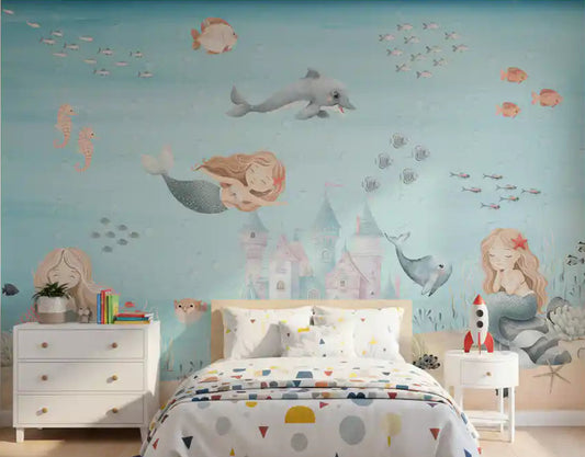 Watercolour mermaid mural used on a calm child's bedroom wall.