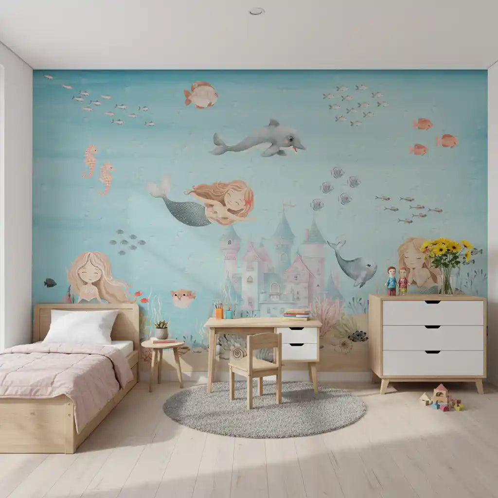 Underwater mermaid mural styled as a children's bedroom feature wall., GD10173