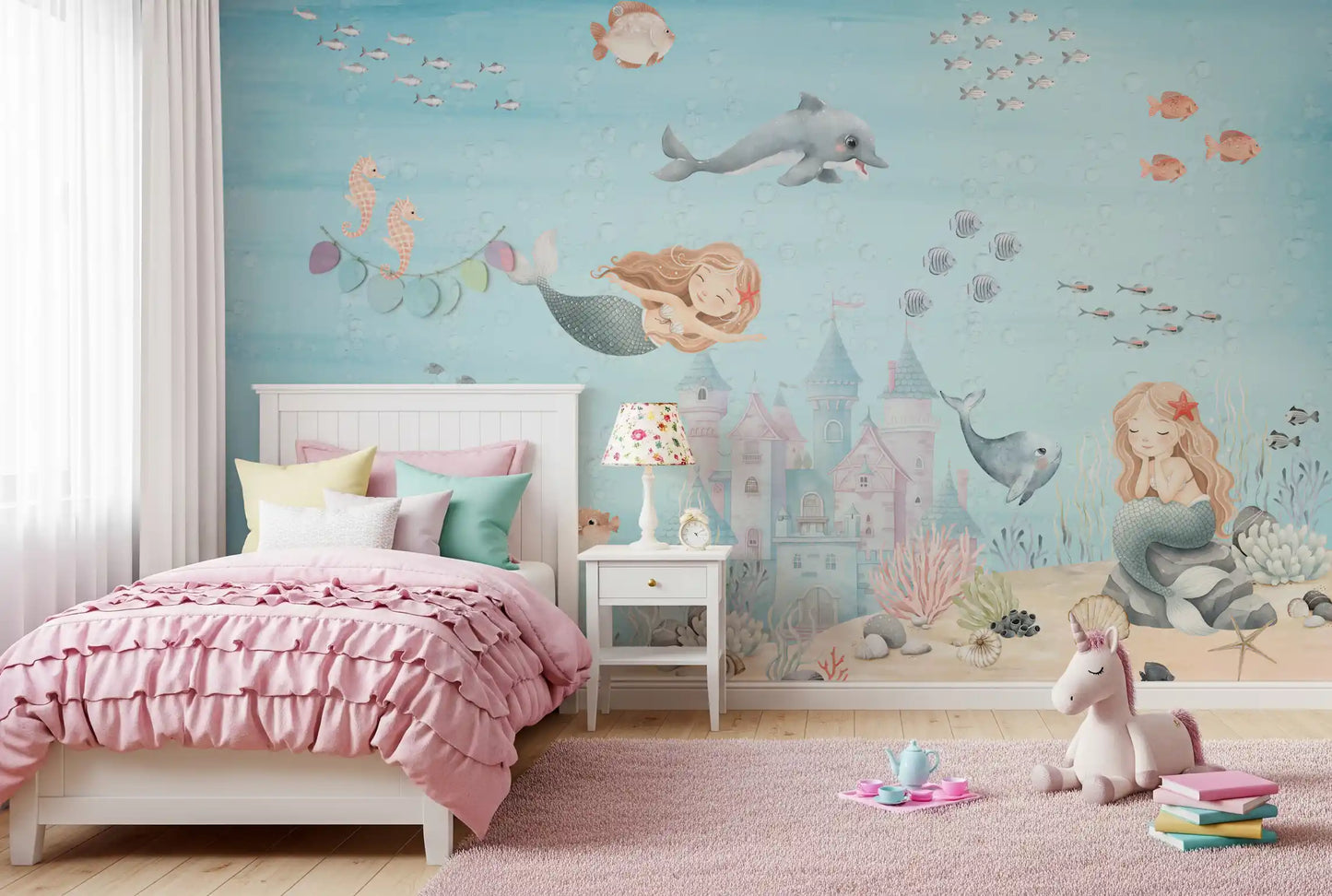 Peach seahorses and a round pufferfish in a soft watercolour ocean wall mural for girls room., GD10173
