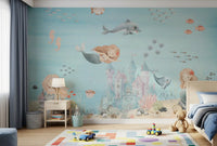 Small friendly whale curving near castle towers in a pastel ocean mural., GD10173