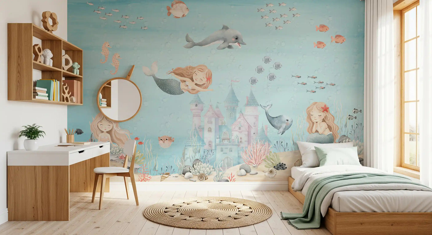 Smiling grey dolphin gliding through pale aqua water in a mermaid mural., GD10173