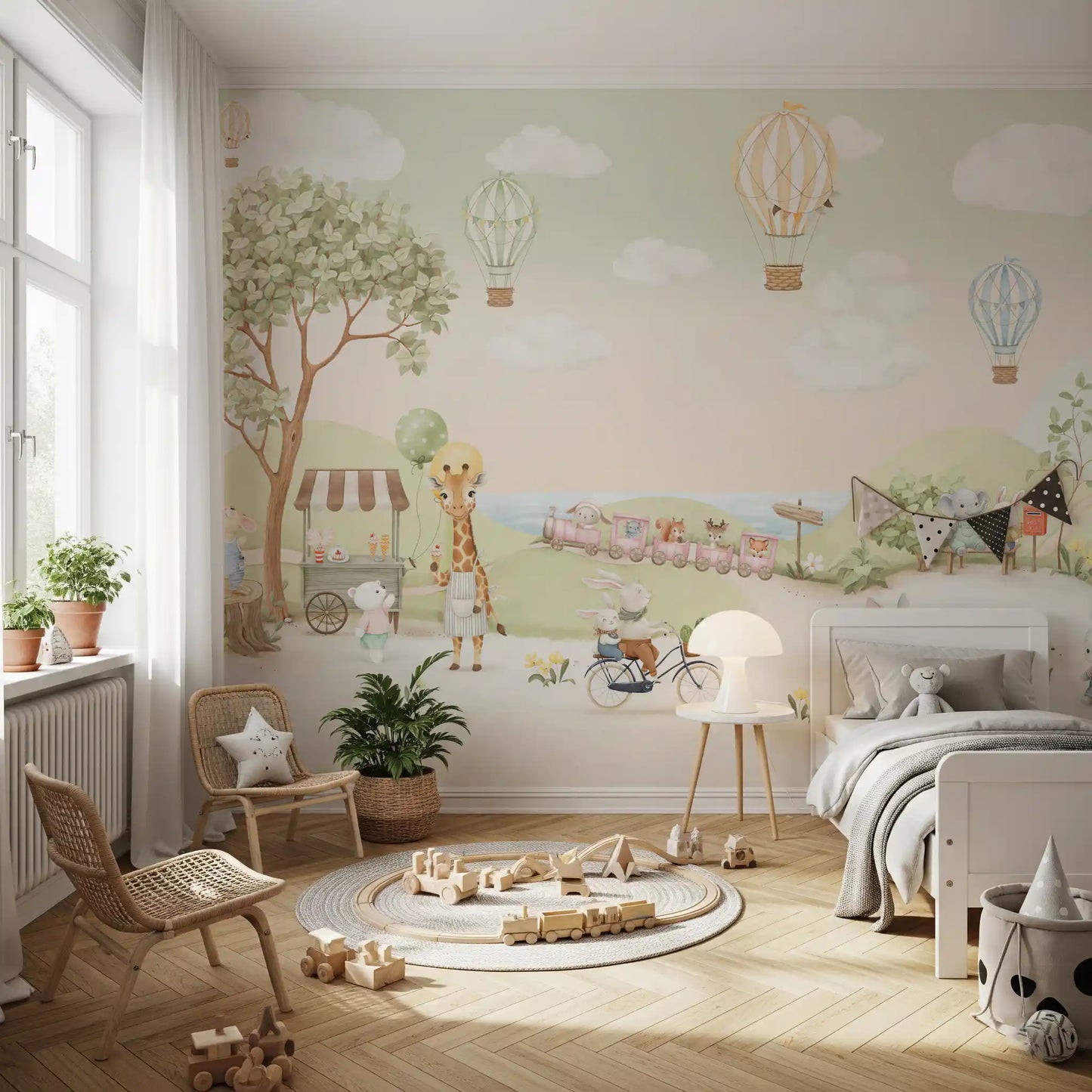 Giraffe holding a green balloon wall mural with small bear in kids bedroom., GD10174