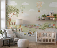 Two bunnies cycling along a sandy path beside a sweet treats cart with a striped awning mural., GD10174