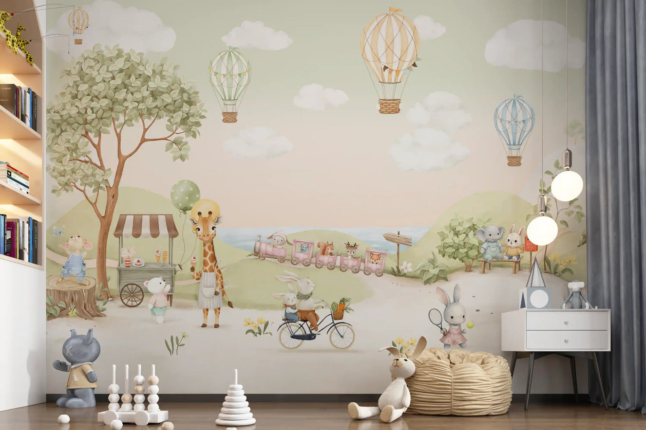 Watercolour kids mural showing a pink toy train carrying small animal friends.