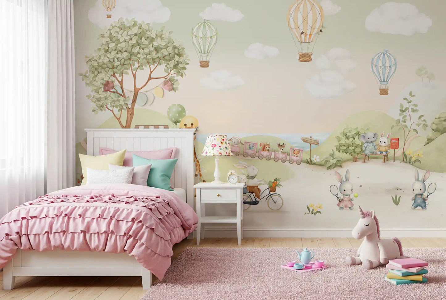 Wall mural with Elephant and bunny sitting near a red mailbox beside a leafy bush., GD10174