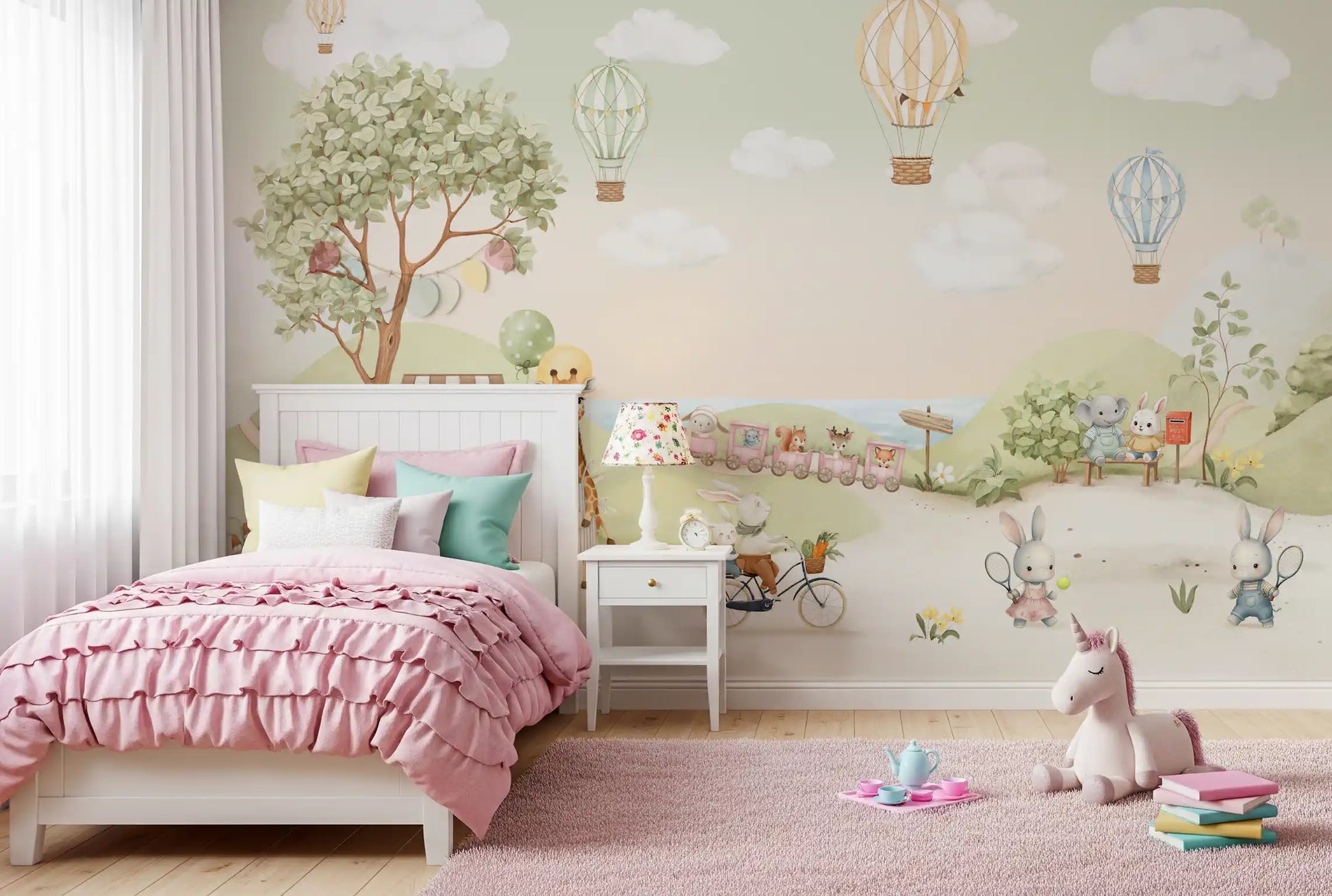 Wall mural with Elephant and bunny sitting near a red mailbox beside a leafy bush., GD10174