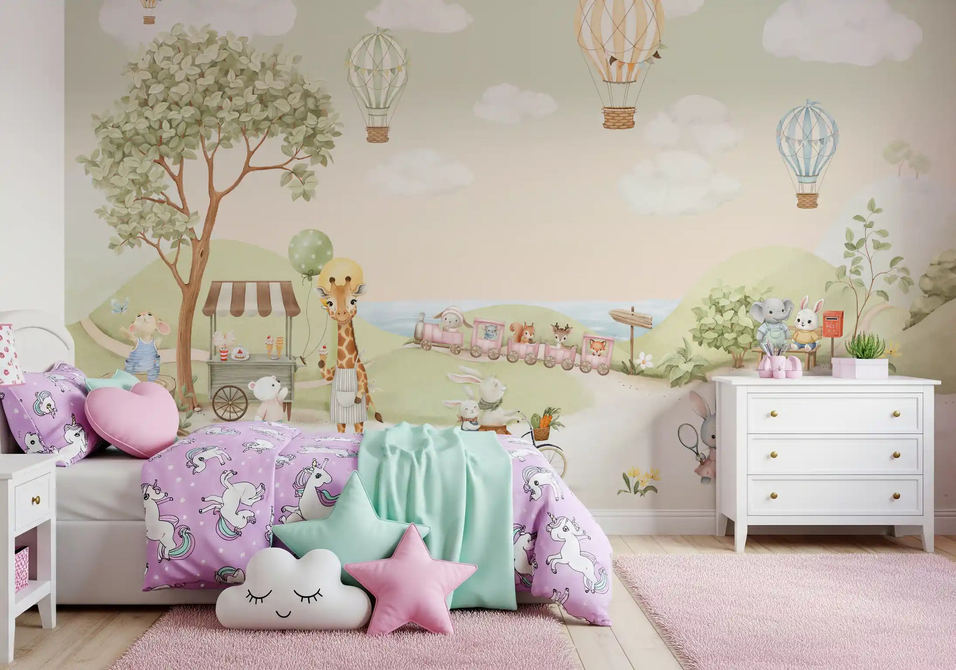 Bunnies playing wall mural with rackets and a ball on a soft cream path., GD10174