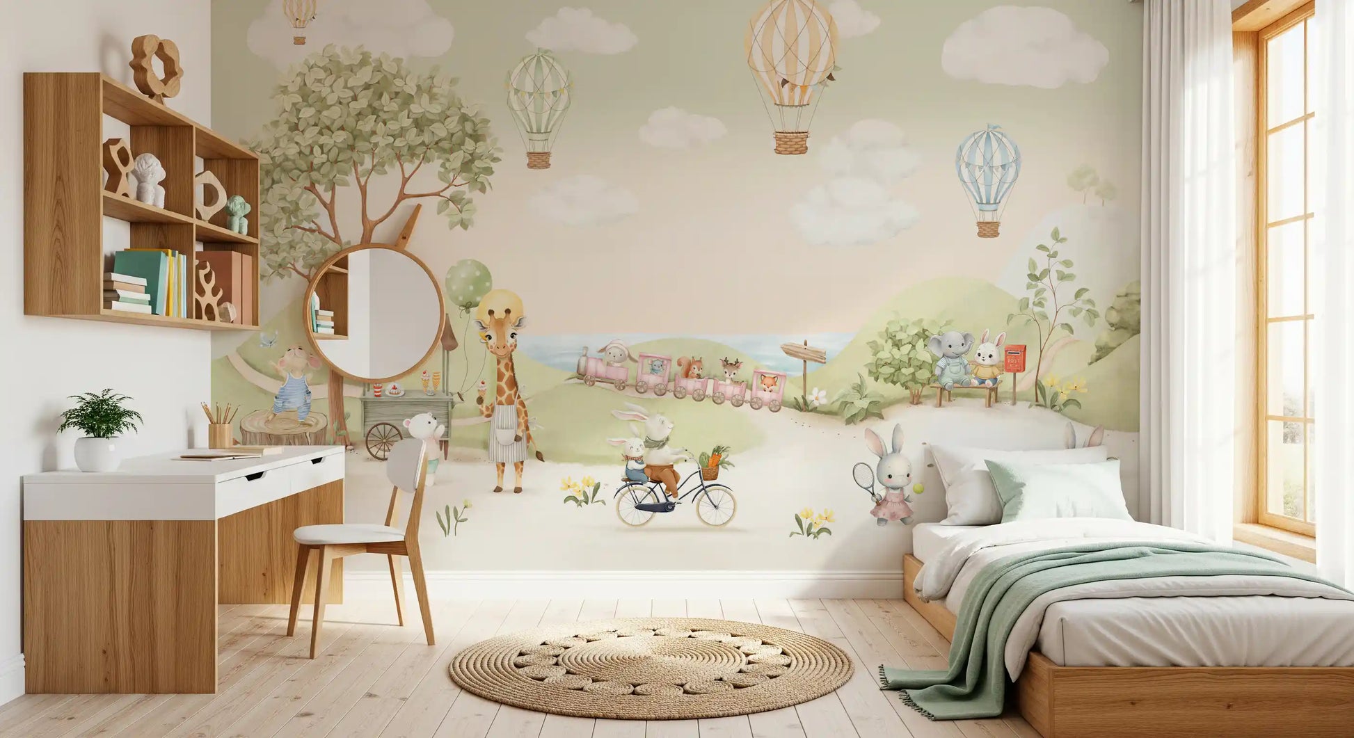 Whimsical animal mural covering a kids room wall with balloons and rolling hills., GD10174