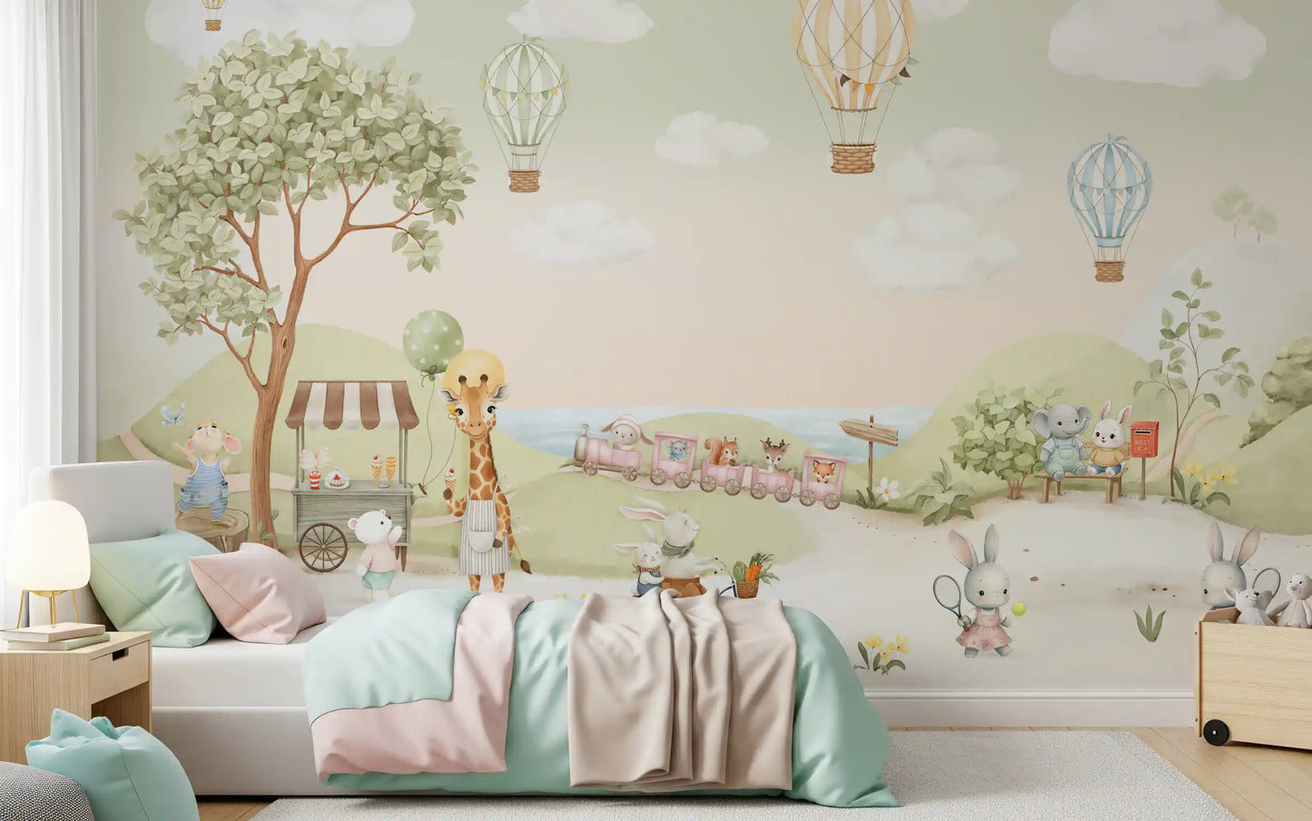 Animal adventure mural on a kids bedroom feature wall in soft pastel tones., GD10174
