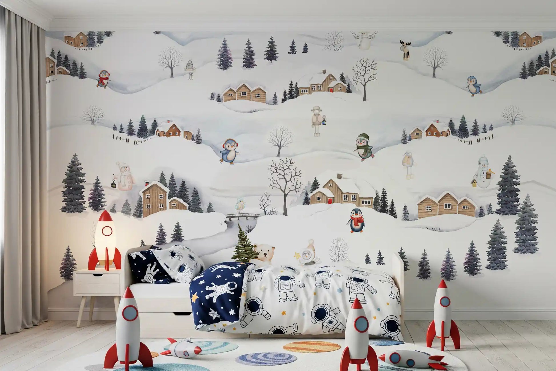 White polar bear holding a small fir tree in a soft winter village wall mural., GD10175