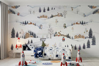 White polar bear holding a small fir tree in a soft winter village wall mural., GD10175