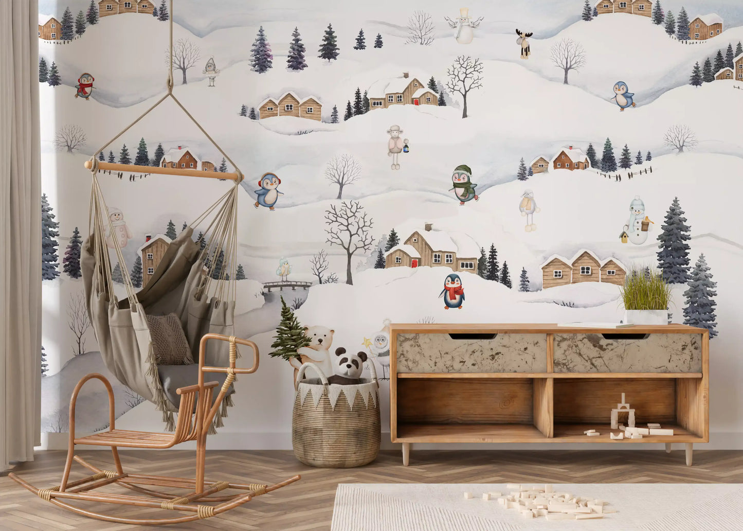 Arctic village playtime mural styled as a calm nursery feature wall., GD10175