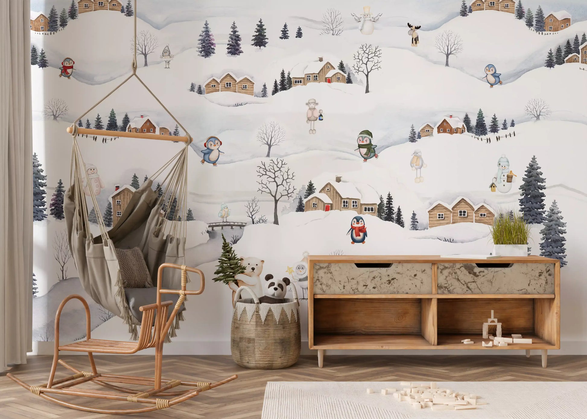 Arctic village playtime mural styled as a calm nursery feature wall., GD10175