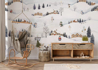 Arctic village playtime mural styled as a calm nursery feature wall., GD10175