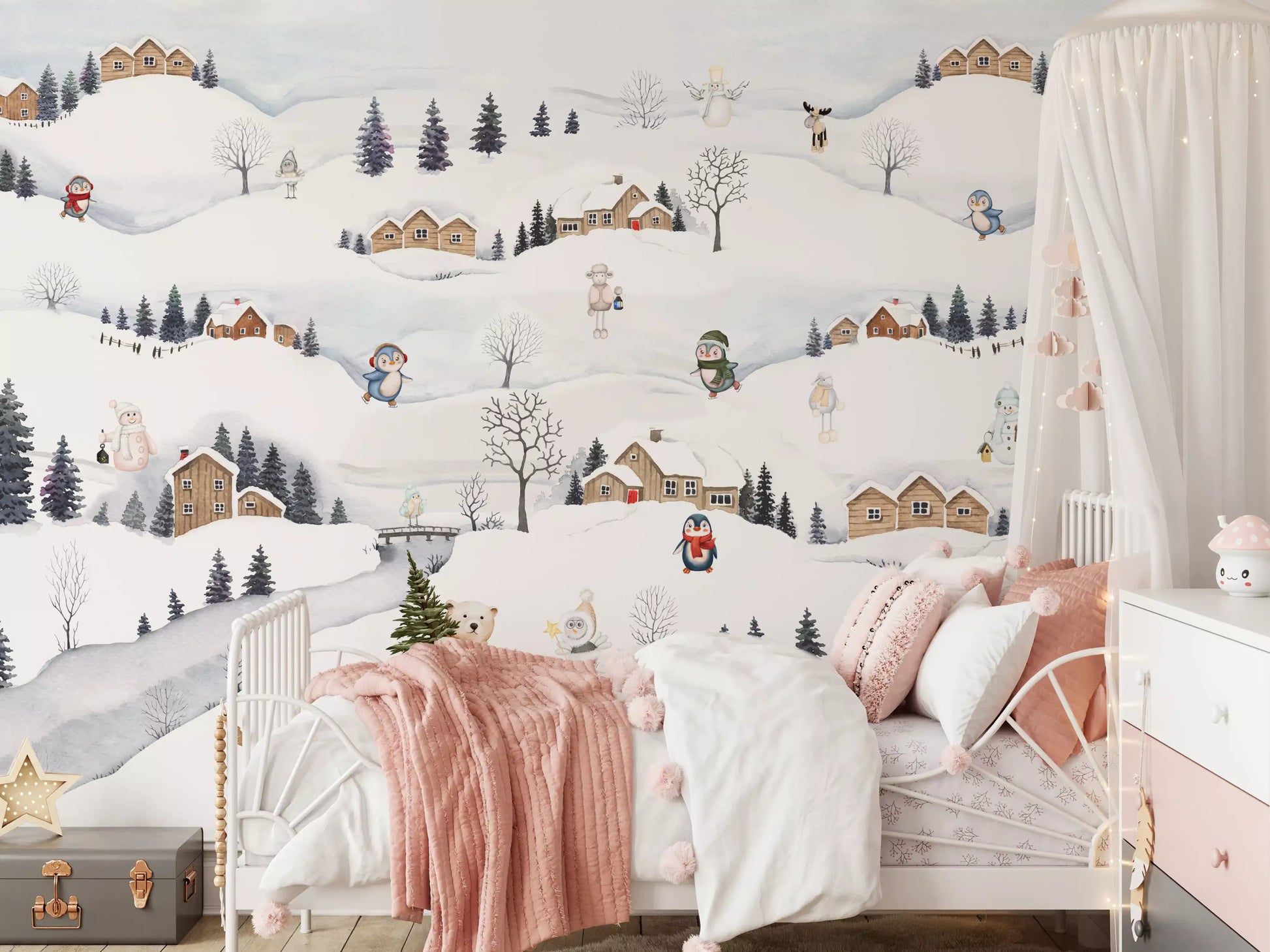 Wooden cabins with warm-lit windows and dark pine trees on a snowy village mural., GD10175