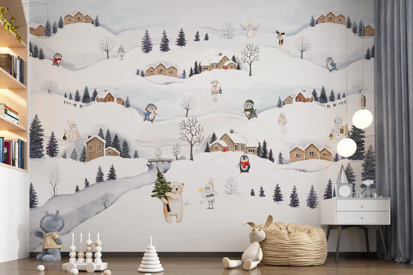 Muted white, grey, and dusty blue winter mural with cabins and evergreen trees., GD10175