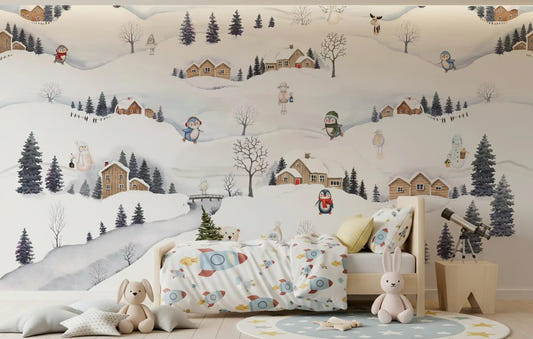 Watercolour Arctic village wall mural with snowy hills, log cabins, and pine trees in kids bedroom.