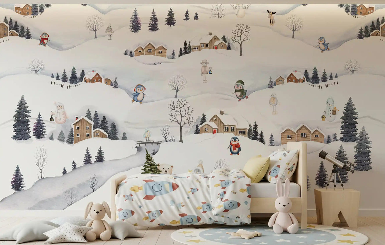 Watercolour Arctic village wall mural with snowy hills, log cabins, and pine trees in kids bedroom.
