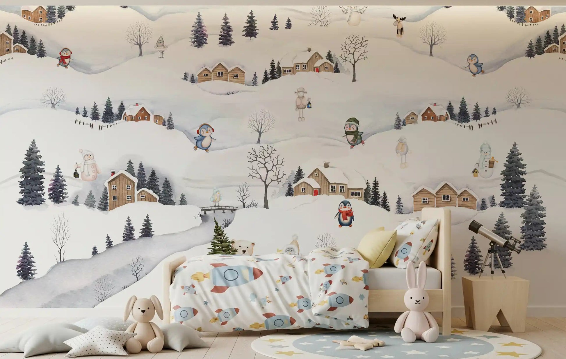 Watercolour Arctic village wall mural with snowy hills, log cabins, and pine trees in kids bedroom., GD10175