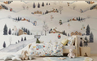 Watercolour Arctic village wall mural with snowy hills, log cabins, and pine trees in kids bedroom., GD10175