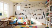 Frozen stream and tiny wooden bridge winding through a soft snow village mural., GD10175