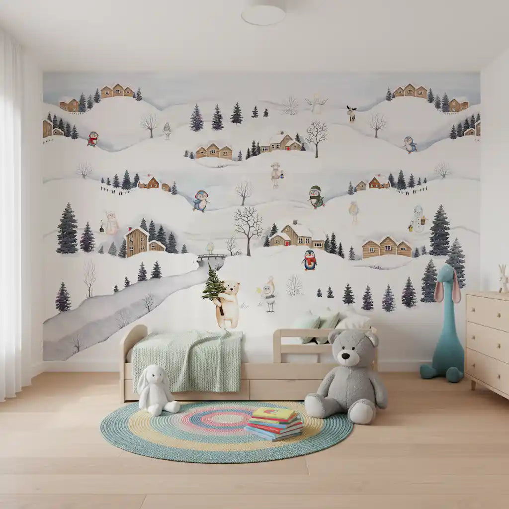 Moose peeking behind a snowy hill in a pastel watercolour winter scene mural for toddler room., GD10175