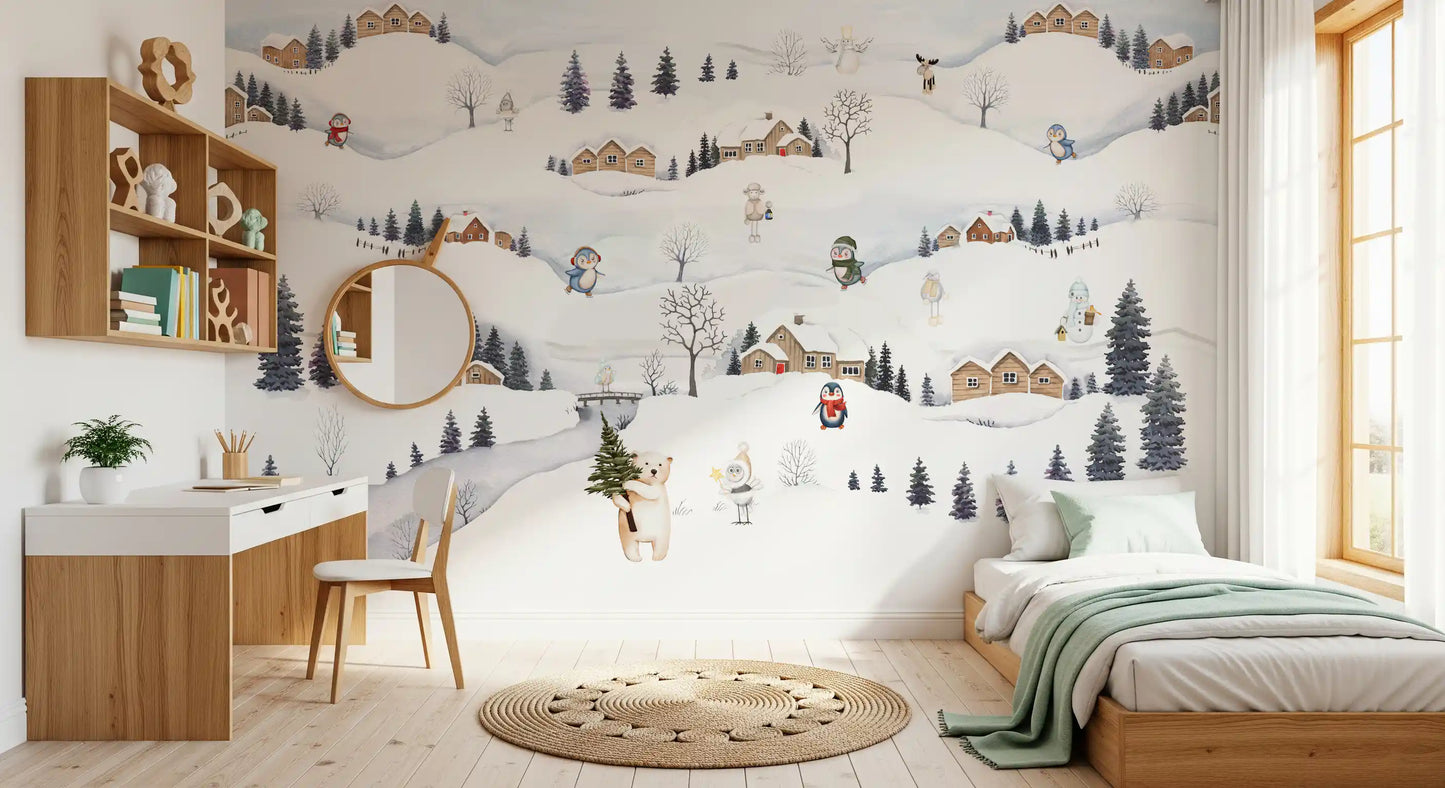 Snowy watercolour village mural shown on a kids' bedroom wall., GD10175